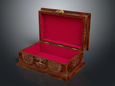 Vintage Wooden Carved Jewelry Box With Red Interior And Gold Accents 3d model