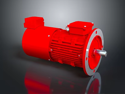 Red Industrial Electric Motor With Metal Housing And Rotating Drive Shaft 3d model