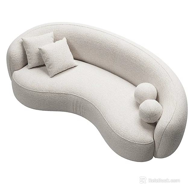 Curved Beige Sectional Sofa With Soft Fleece Upholstery Two Cushions And Round Armrests 3d model 