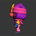 Cartoon Character with Pink Cat Ear Hat Yellow Star Angry Expression Blue Bottles Red Item in Air