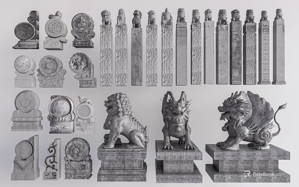 Traditional Artistic Stone Lion And Dragon Sculptures With Ornamental Pillar Carvings 3d model 