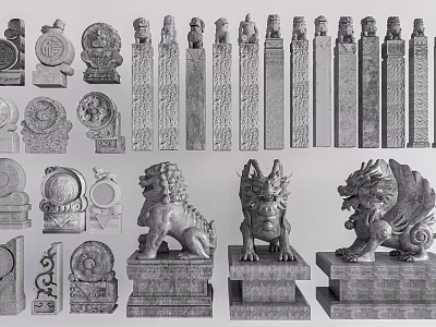 Traditional Artistic Stone Lion And Dragon Sculptures With Ornamental Pillar Carvings 3d model