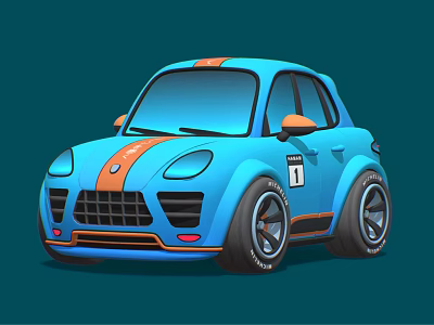 Cute Cartoon Style Blue Car With Orange Accents And Large Sporty Wheels 3d model