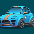 Cute Cartoon Style Blue Car With Orange Accents And Large Sporty Wheels