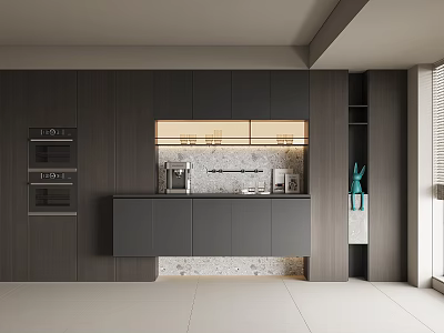 Modern Dark Wood Sideboard with Built-in Appliances and Marble Countertop in Kitchen 3d model