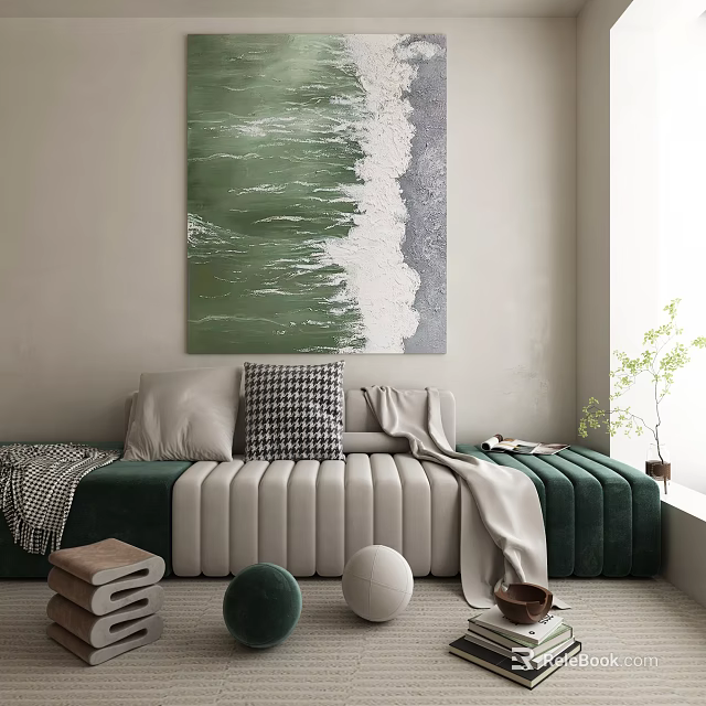 Modern Living Room Interior With Green White Abstract Painting Sofa Pillows Decorative Balls And Plant 3d model 
