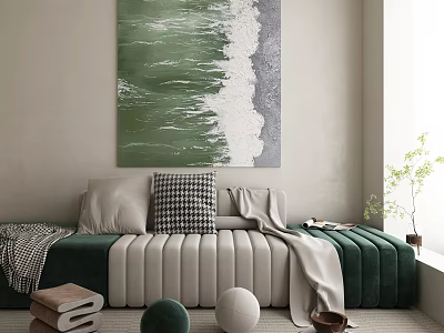 Modern Living Room Interior With Green White Abstract Painting Sofa Pillows Decorative Balls And Plant 3d model