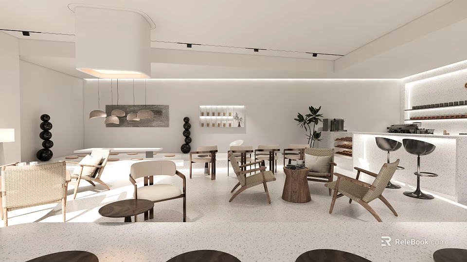 Modern Café Interior With Wooden Chairs Tables Hanging Lamps Plants And Display Shelves 3d model 