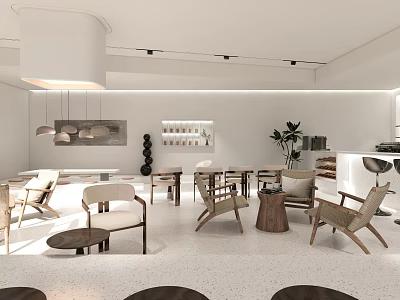 Modern Café Interior With Wooden Chairs Tables Hanging Lamps Plants And Display Shelves 3d model