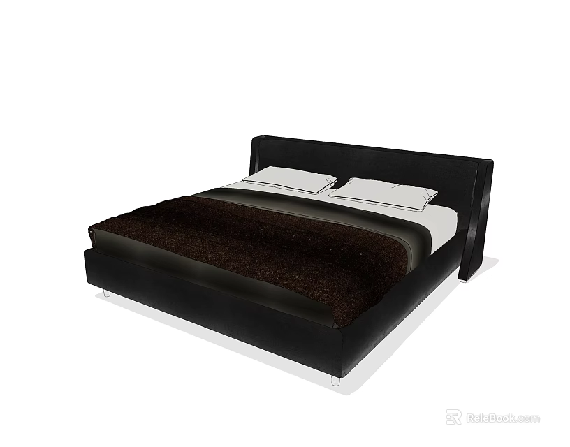 Modern Double Bed With Black Headboard Brown Comforter And White Pillows 3d model