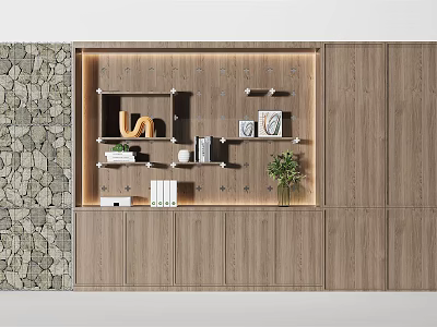 Modern Minimalist Wooden Decorative Cabinet with Shelves and Decorative Items Against Stone Wall 3d model