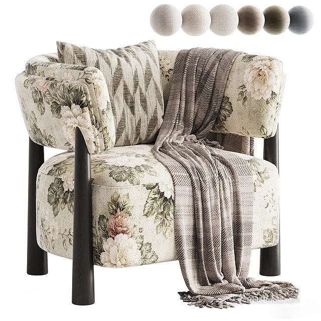 Floral Upholstered Armchair with Striped Cushion and Plaid Blanket on Black Legs for Living Room 3d model 