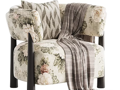 Floral Upholstered Armchair with Striped Cushion and Plaid Blanket on Black Legs for Living Room 3d model