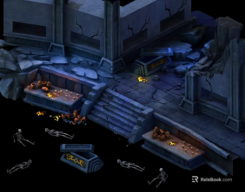 Cartoon Scene Of Ancient Stone Ruins With Skeletons Torches Broken Steps And Coffins 3d model 