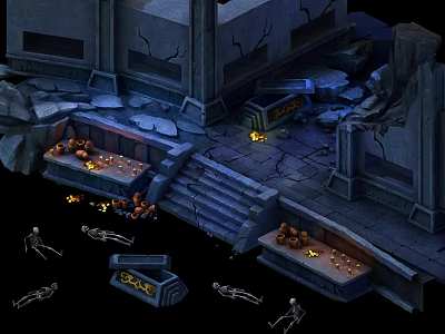 Cartoon Scene Of Ancient Stone Ruins With Skeletons Torches Broken Steps And Coffins 3d model