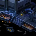 Cartoon Scene Of Ancient Stone Ruins With Skeletons Torches Broken Steps And Coffins