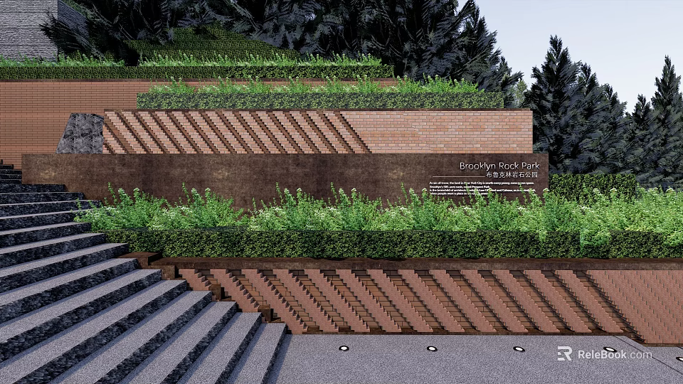 Layered Retaining Wall With Green Grass Cover And Brick Design Near Stone Stairs And Trees 3d model 