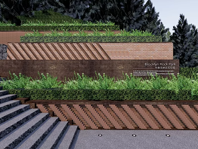 Layered Retaining Wall With Green Grass Cover And Brick Design Near Stone Stairs And Trees 3d model