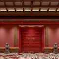 Traditional Chinese Architecture Red Door With Gold Nails Stone Lions And Decorative Beams