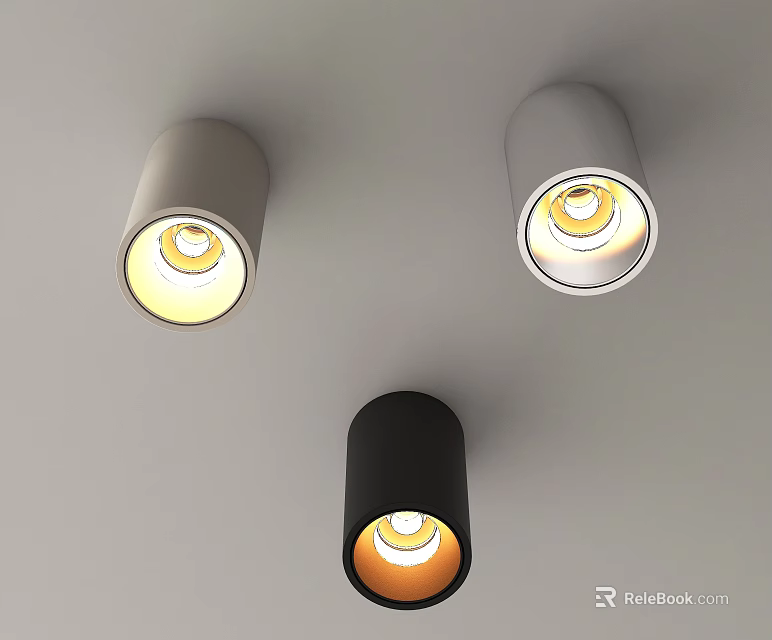 Modern Gray And Black Downlights And Spotlights Illuminated With Warm Yellow Light On Ceiling 3d model 