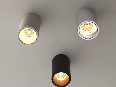 Modern Gray And Black Downlights And Spotlights Illuminated With Warm Yellow Light On Ceiling 3d model