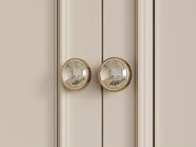 Round Metal Door Knobs On Light Colored Wooden Door Panel Design 3d model
