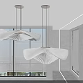 Pleated White Chandeliers with Warm Glow in Modern Minimalist Interior and Large Windows with Blinds
