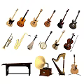 Assorted Musical Instruments Collection Featuring Guitars Violins Saxophones Pipa and Harp 3d model