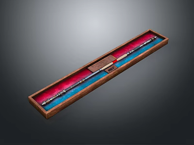 Ornate Metal Sword In Wooden Box With Red And Blue Lining And Decorative Hilt 3d model