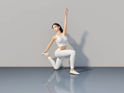 Woman In White Activewear Doing Dance Pose With One Arm Raised Against Gray Wall 3d model