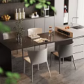 Dark Wood Dining Table Set with Light Gray Chairs Kitchen Island and Cabinets