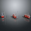 Red Tram Models Showcased With Tracks And Power Poles On Black Background