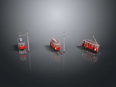 Red Tram Models Showcased With Tracks And Power Poles On Black Background 3d model
