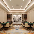 Luxury Mahjong Hall Interior With Multiple Tables Chairs Wine Cabinet Decorative Paintings And Patterned Carpet