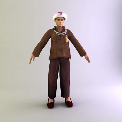 A Man Wearing Brown Chinese Clothing With White Hat Necklace Red Shoes And Outstretched Arms 3d model
