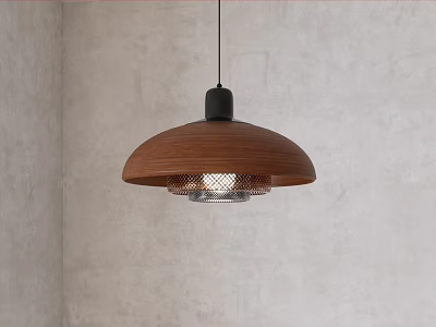 Minimalist Design Wooden Pendant Light Featuring Black Base And Mesh Shade On Gray Wall 3d model