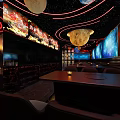Starry Sky Themed Restaurant Interior With Planet Decorations Large Screen And Seating Area 3d model