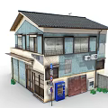 Cartoon Style Japanese Two Story Building With Blue Beige Walls Roller Shutter Door And Signboards