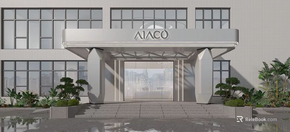 AIACO Storefront Modern Design With Large Glass Windows Portico Green Plants Stone Pathway And Cityscape 3d model 