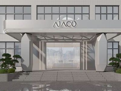 AIACO Storefront Modern Design With Large Glass Windows Portico Green Plants Stone Pathway And Cityscape 3d model