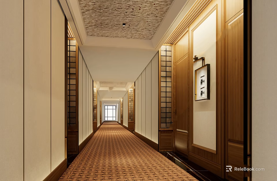Hotel Corridor Interior With Patterned Carpet Wooden Decor Light-Colored Walls And Recessed Lighting 3d model 