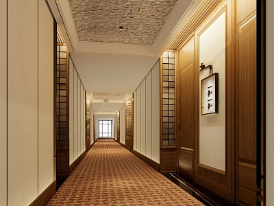 Hotel Corridor Interior With Patterned Carpet Wooden Decor Light-Colored Walls And Recessed Lighting 3d model
