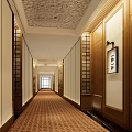 Hotel Corridor Interior With Patterned Carpet Wooden Decor Light-Colored Walls And Recessed Lighting