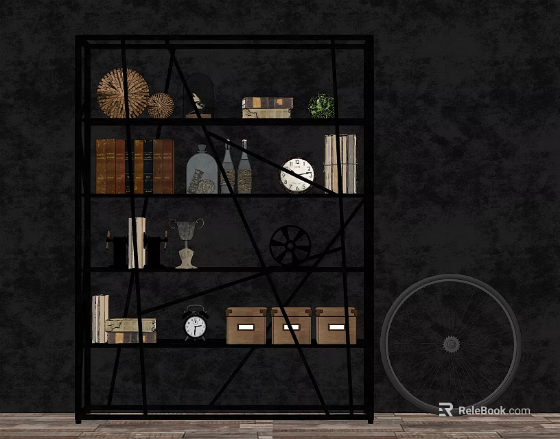 Black Metal Shelving Unit With Books Decorative Items Clock And Storage Boxes 3d model