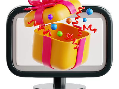 Decorative Ornament Set With Yellow Gift Box Pink Bow Colorful Balls And Red Spiral Streamers 3d model