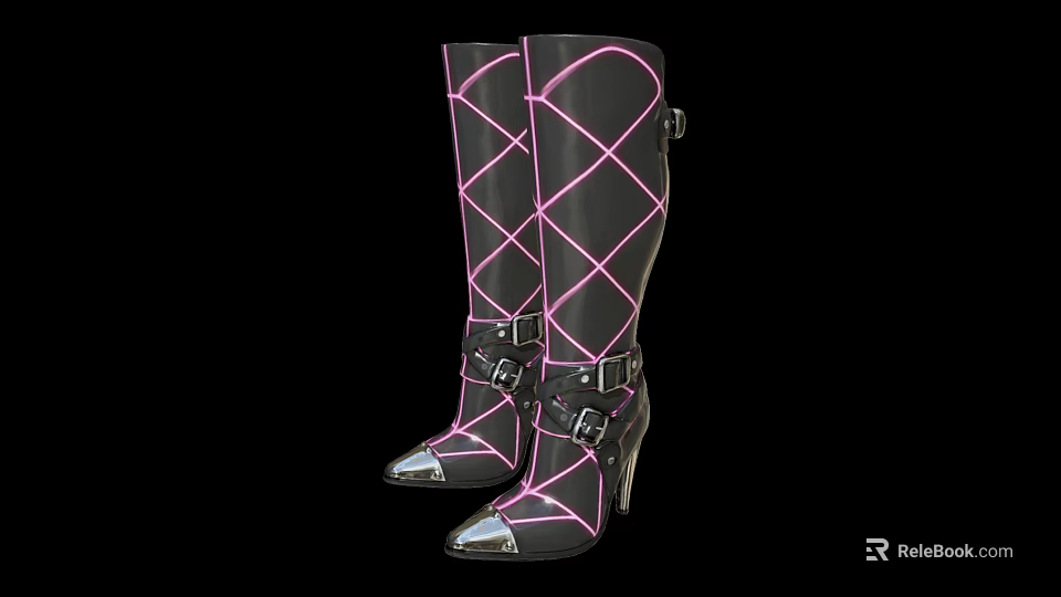 Black High Heel Boots With Pink Crisscross Lines And Silver Toe Caps 3d model 