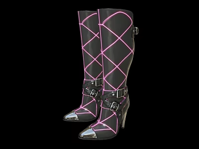 Black High Heel Boots With Pink Crisscross Lines And Silver Toe Caps 3d model