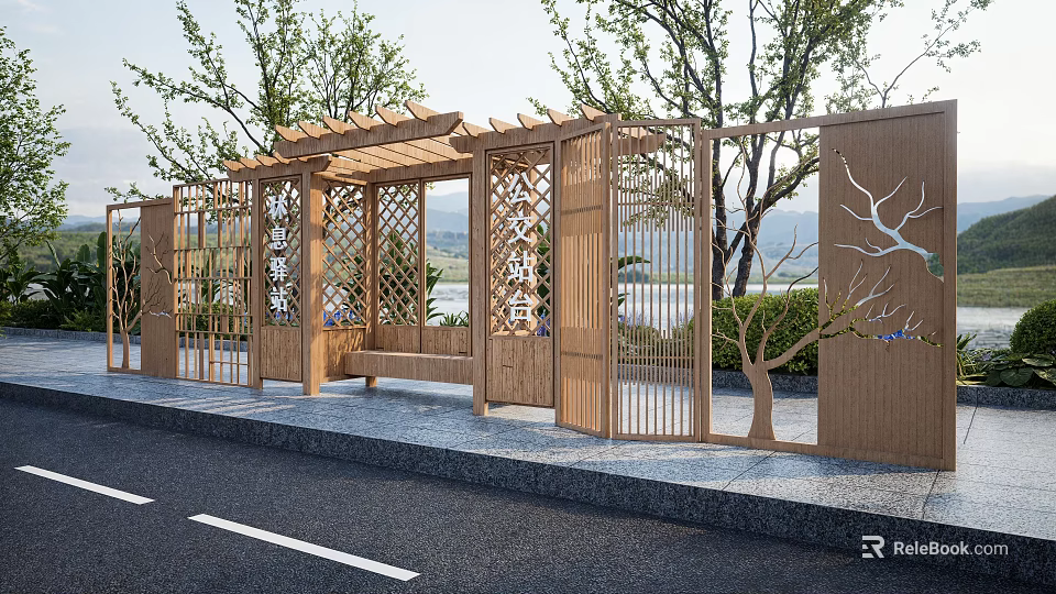 Green Station With Wooden Structure Bench Trees Mountains And Water Background 3d model 