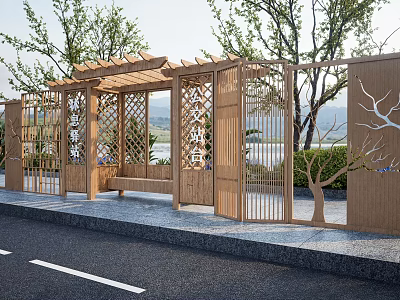Green Station With Wooden Structure Bench Trees Mountains And Water Background 3d model