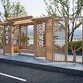 Green Station With Wooden Structure Bench Trees Mountains And Water Background